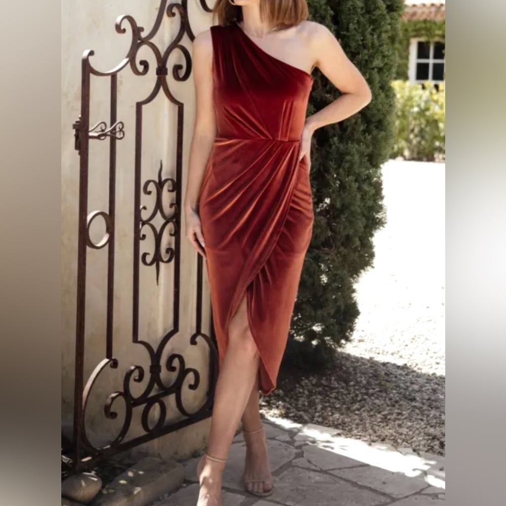 NWT Baltic Born Kourtney One Shoulder Midi Velvet Dress in Rust Size Medium